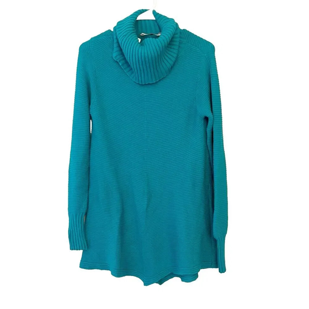 Soft Surroundings Teal Sweater Cowl Neck Tunic Womens XS Knit Colorful Soft Cozy